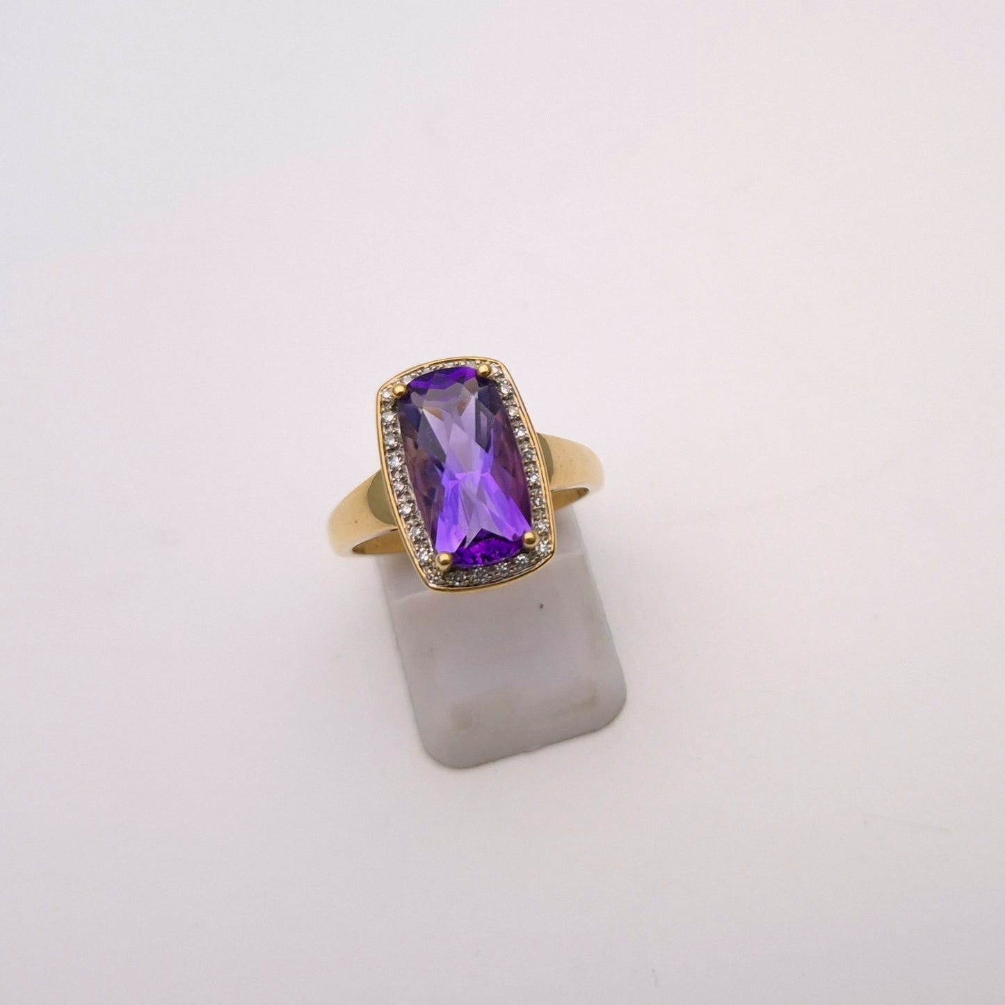 9ct Yellow Gold Chequerboard Rectangular Amethyst and Diamond Halo Cluster Ring