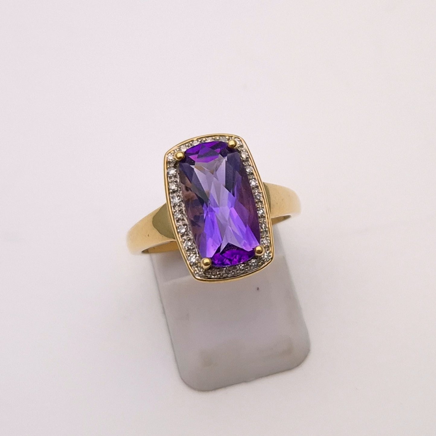9ct Yellow Gold Chequerboard Rectangular Amethyst and Diamond Halo Cluster Ring