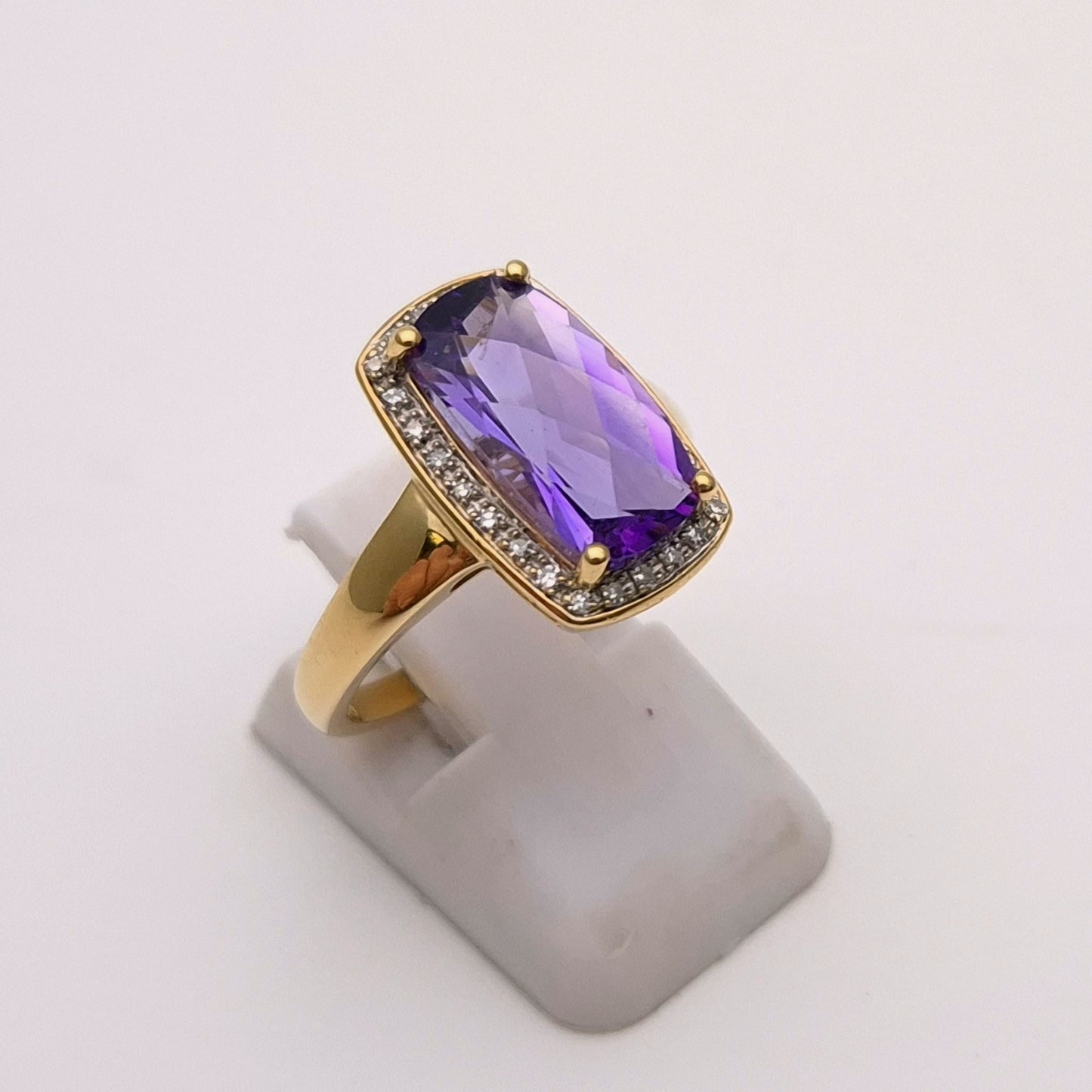 9ct Yellow Gold Chequerboard Rectangular Amethyst and Diamond Halo Cluster Ring