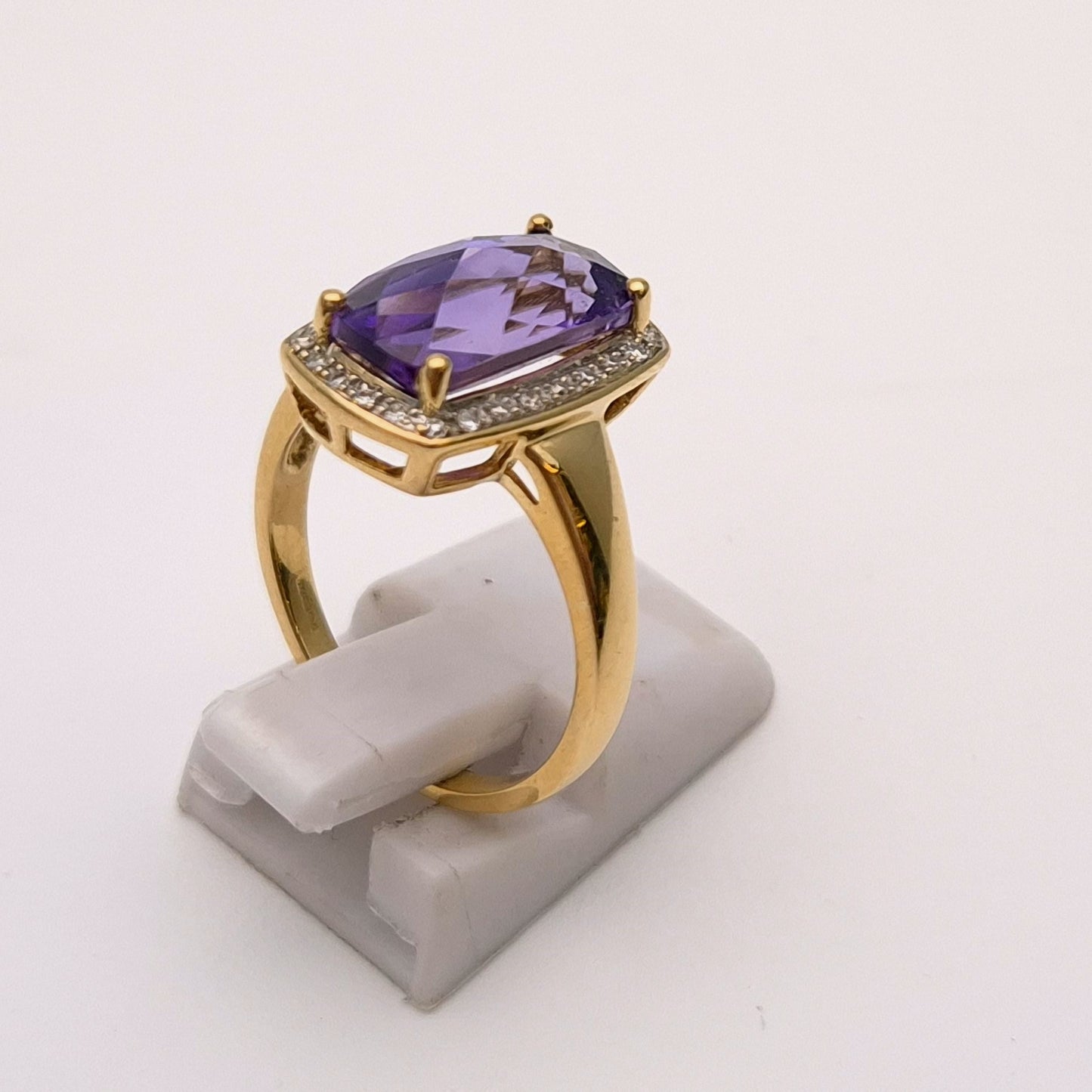 9ct Yellow Gold Chequerboard Rectangular Amethyst and Diamond Halo Cluster Ring