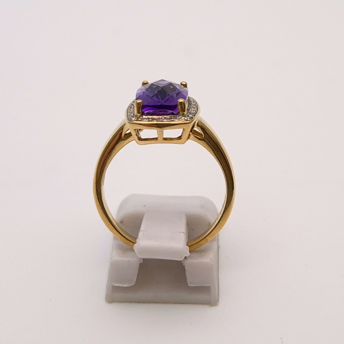 9ct Yellow Gold Chequerboard Rectangular Amethyst and Diamond Halo Cluster Ring