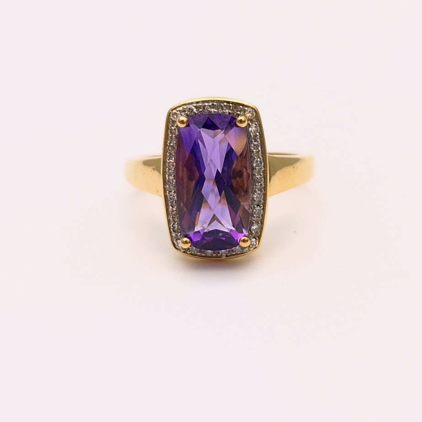 9ct Yellow Gold Chequerboard Rectangular Amethyst and Diamond Halo Cluster Ring