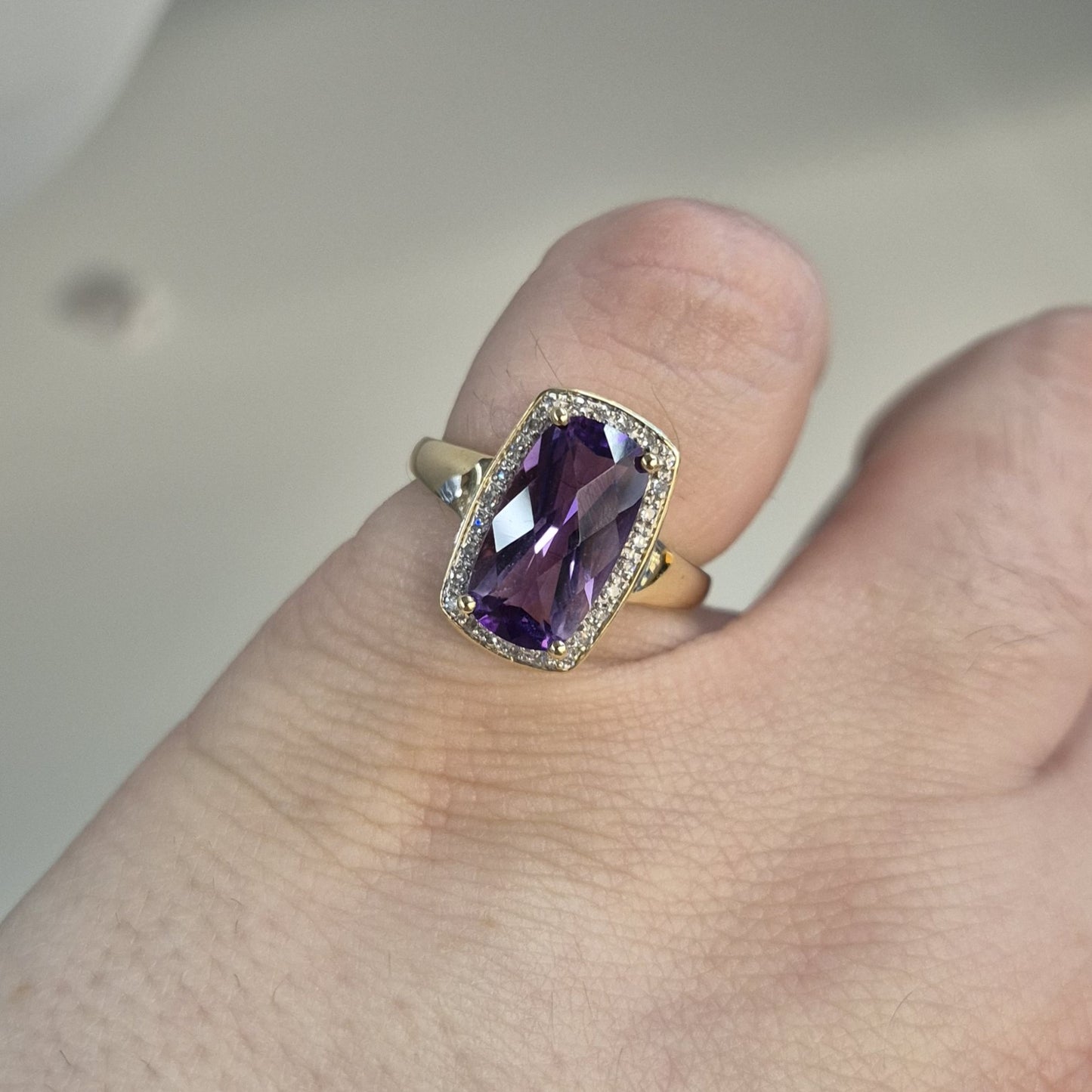 9ct Yellow Gold Chequerboard Rectangular Amethyst and Diamond Halo Cluster Ring