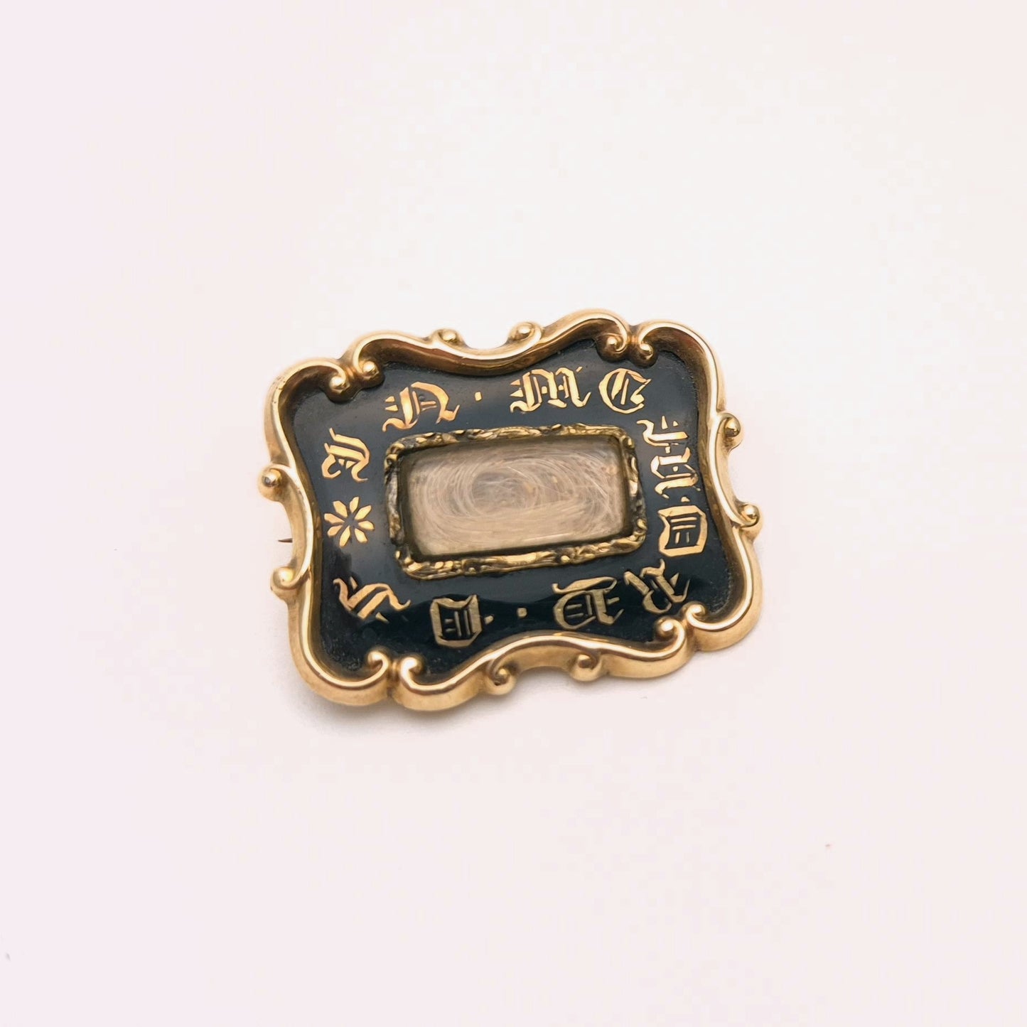 Antique 1800s Gold Black Detailed Mourning brooch with hair panel