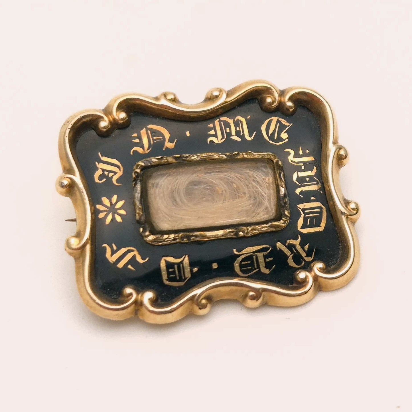 Antique 1800s Gold Black Detailed Mourning brooch with hair panel
