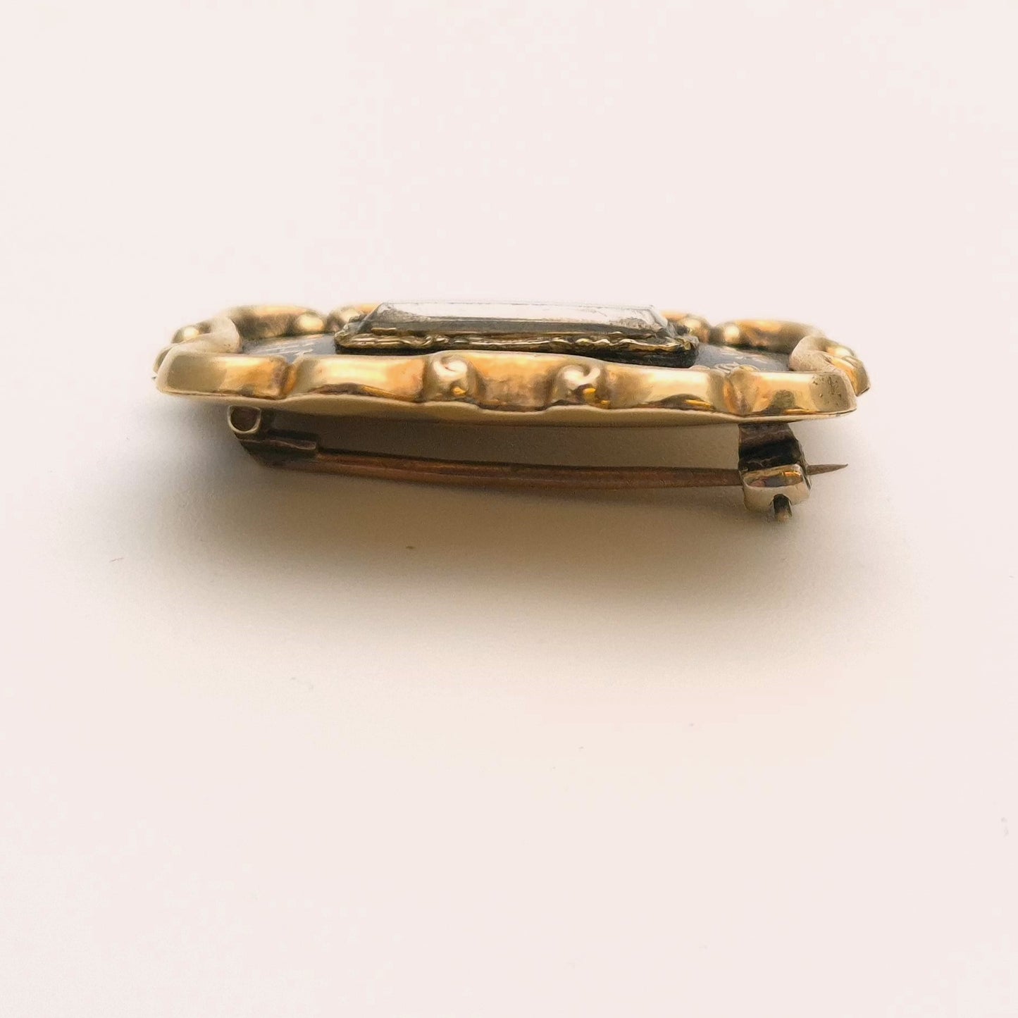 Antique 1800s Gold Black Detailed Mourning brooch with hair panel