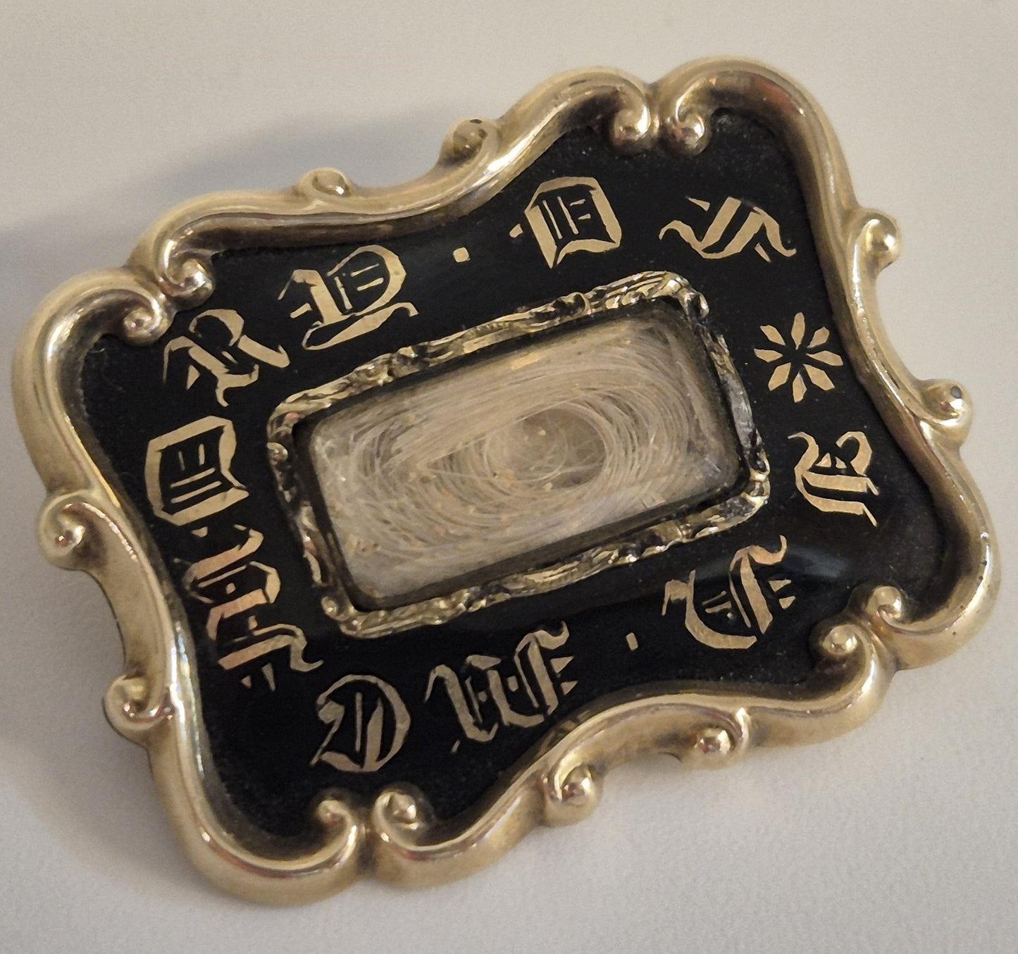 Antique 1800s Gold Black Detailed Mourning brooch with hair panel