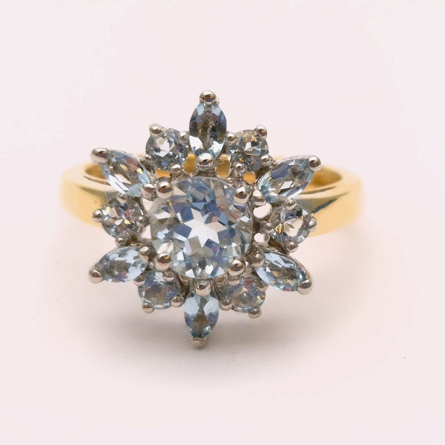 9ct Yellow Gold Blue Topaz Starburst Cluster Ring