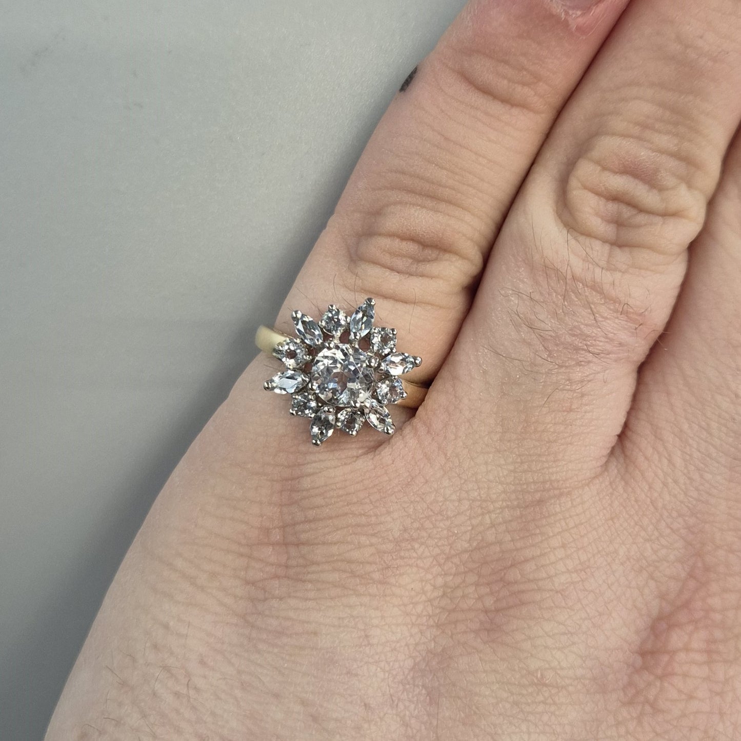 9ct Yellow Gold Blue Topaz Starburst Cluster Ring