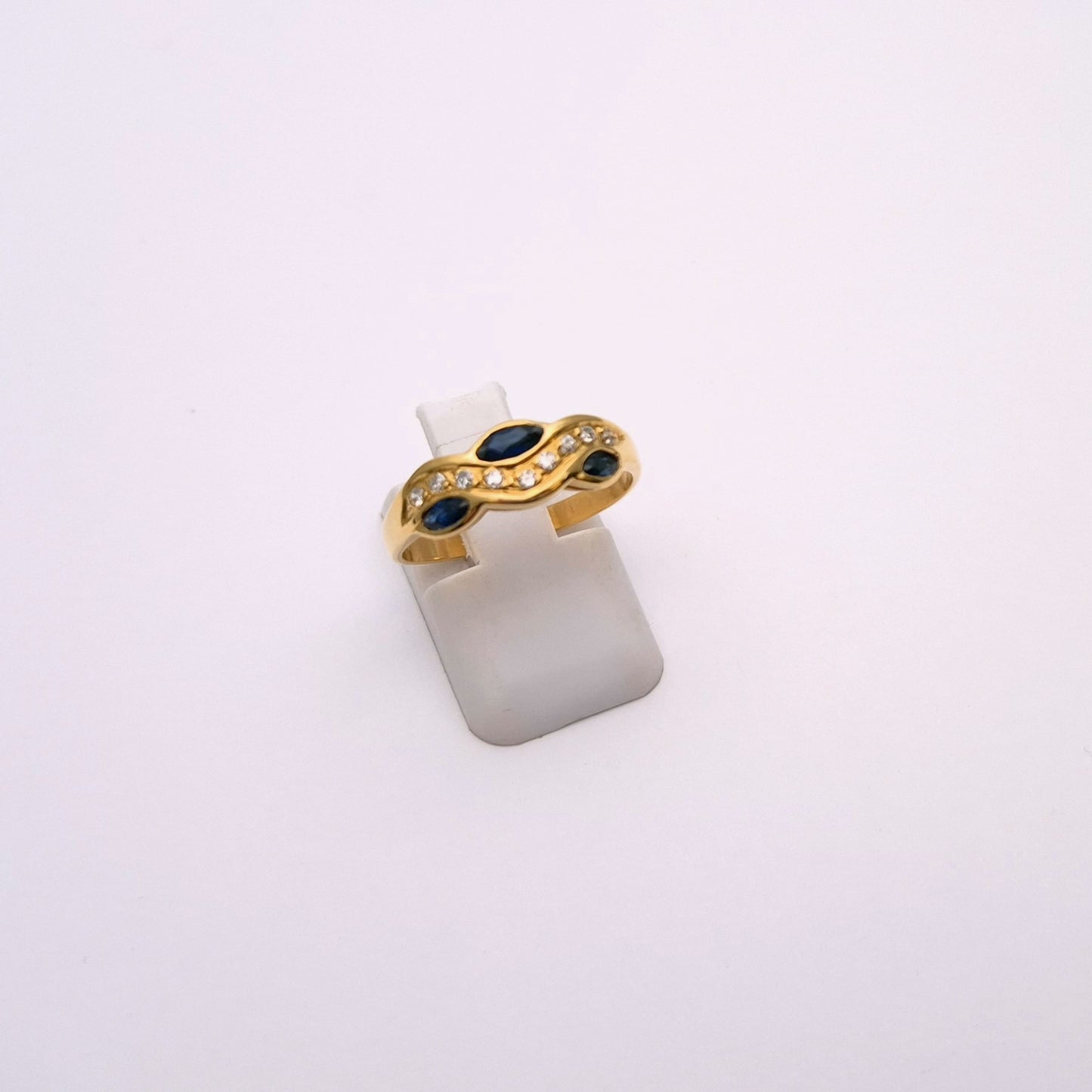 18ct Yellow Gold Sapphire and Diamond Wishbone Wave Ring