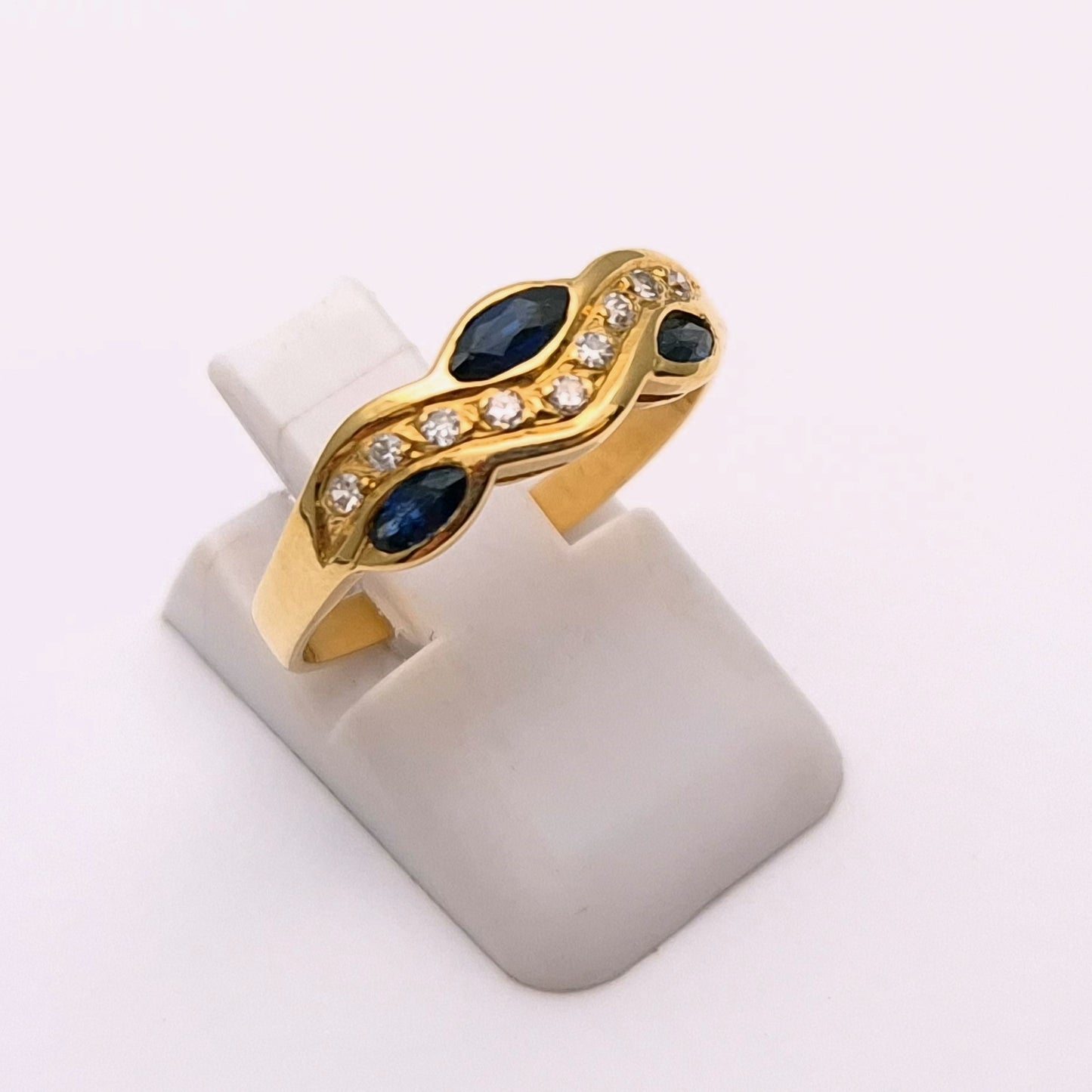 18ct Yellow Gold Sapphire and Diamond Wishbone Wave Ring