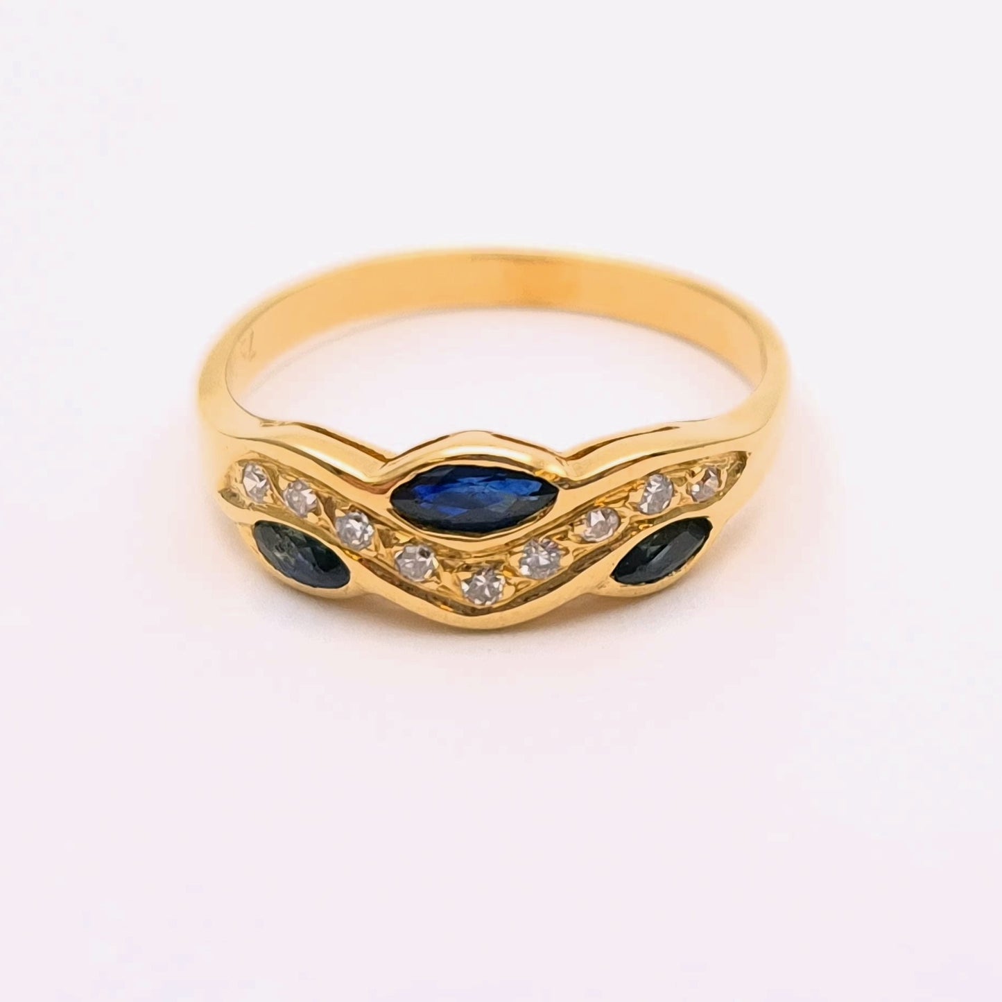 18ct Yellow Gold Sapphire and Diamond Wishbone Wave Ring