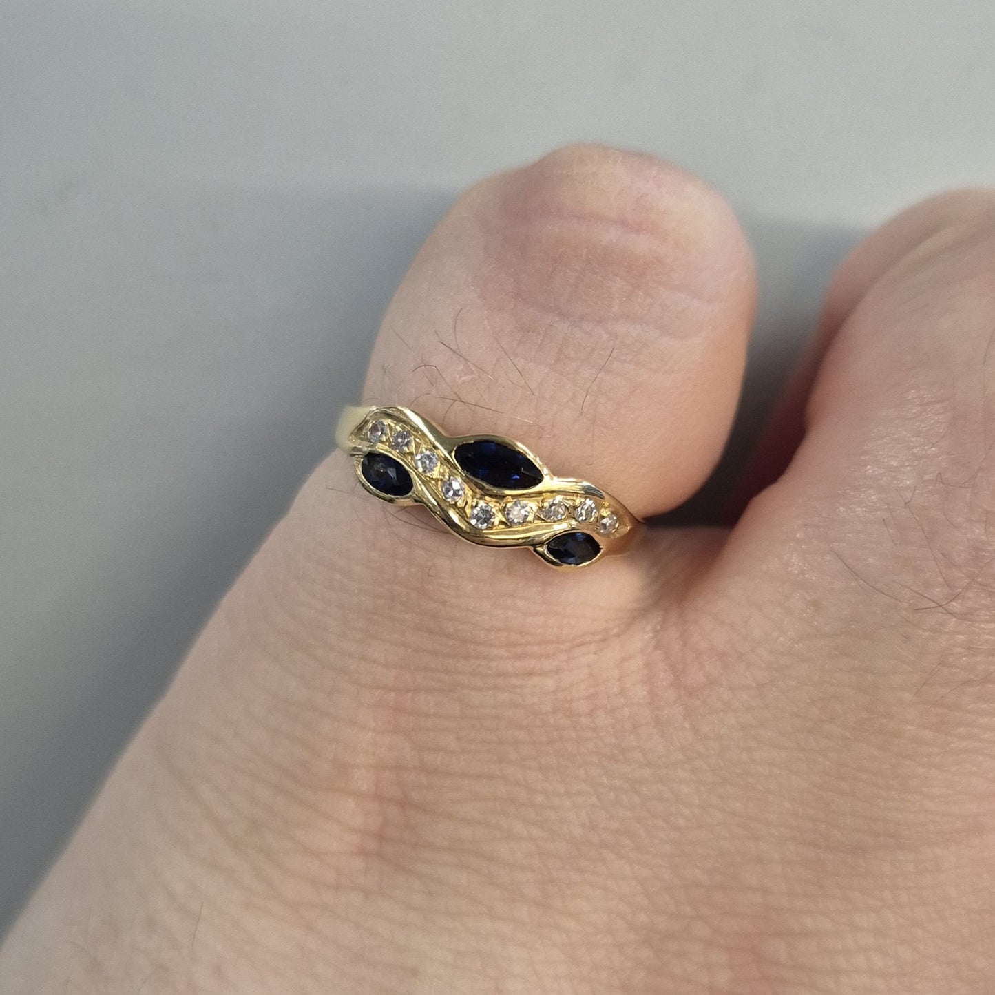 18ct Yellow Gold Sapphire and Diamond Wishbone Wave Ring