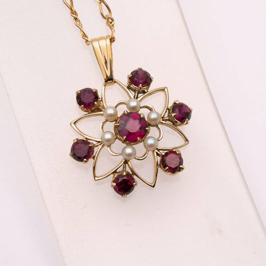 9ct Rhodolite Garnet and Pearl Star/ Flower Shaped Cut-out Pendant