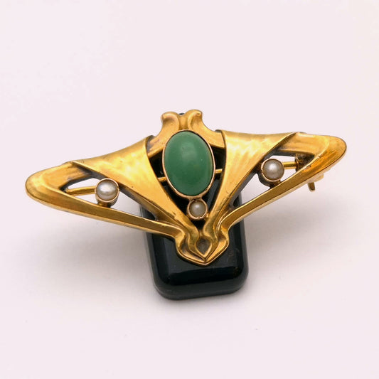 14ct Yellow gold Turquoise and Pearl Art Nouveau Brooch