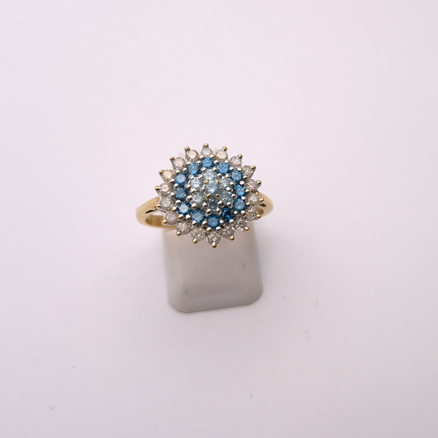 9ct Yellow Gold White and Blue Diamond Cluster Ring