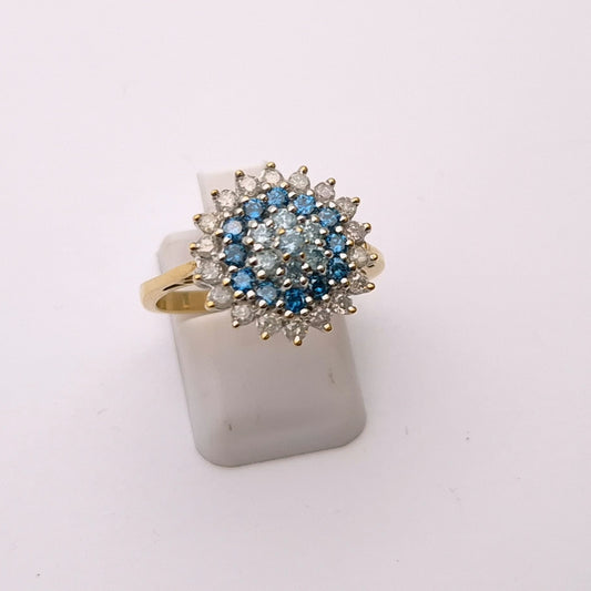 9ct Yellow Gold White and Blue Diamond Cluster Ring