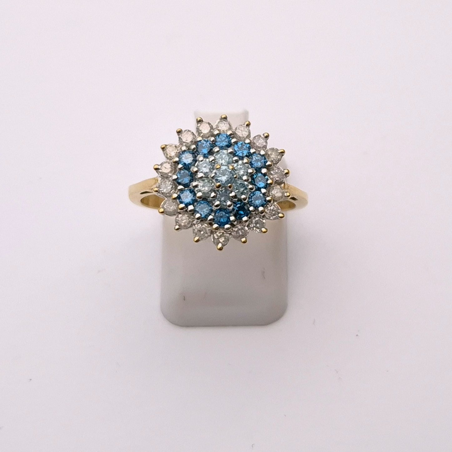 9ct Yellow Gold White and Blue Diamond Cluster Ring
