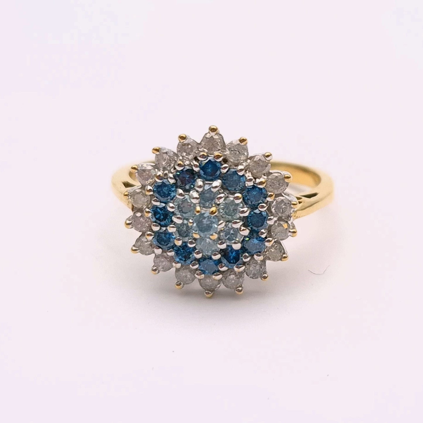 9ct Yellow Gold White and Blue Diamond Cluster Ring