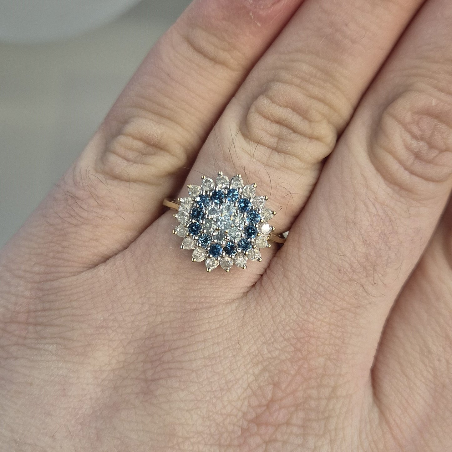 9ct Yellow Gold White and Blue Diamond Cluster Ring