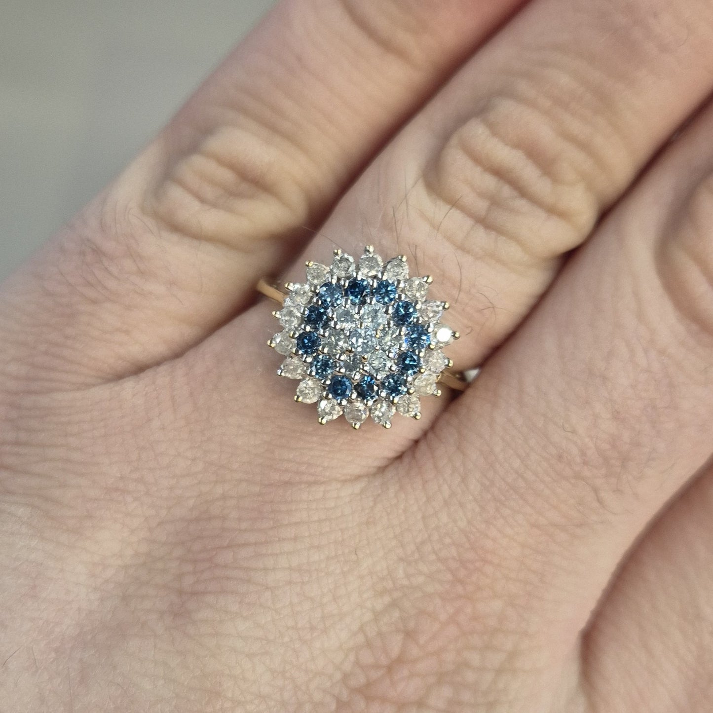 9ct Yellow Gold White and Blue Diamond Cluster Ring