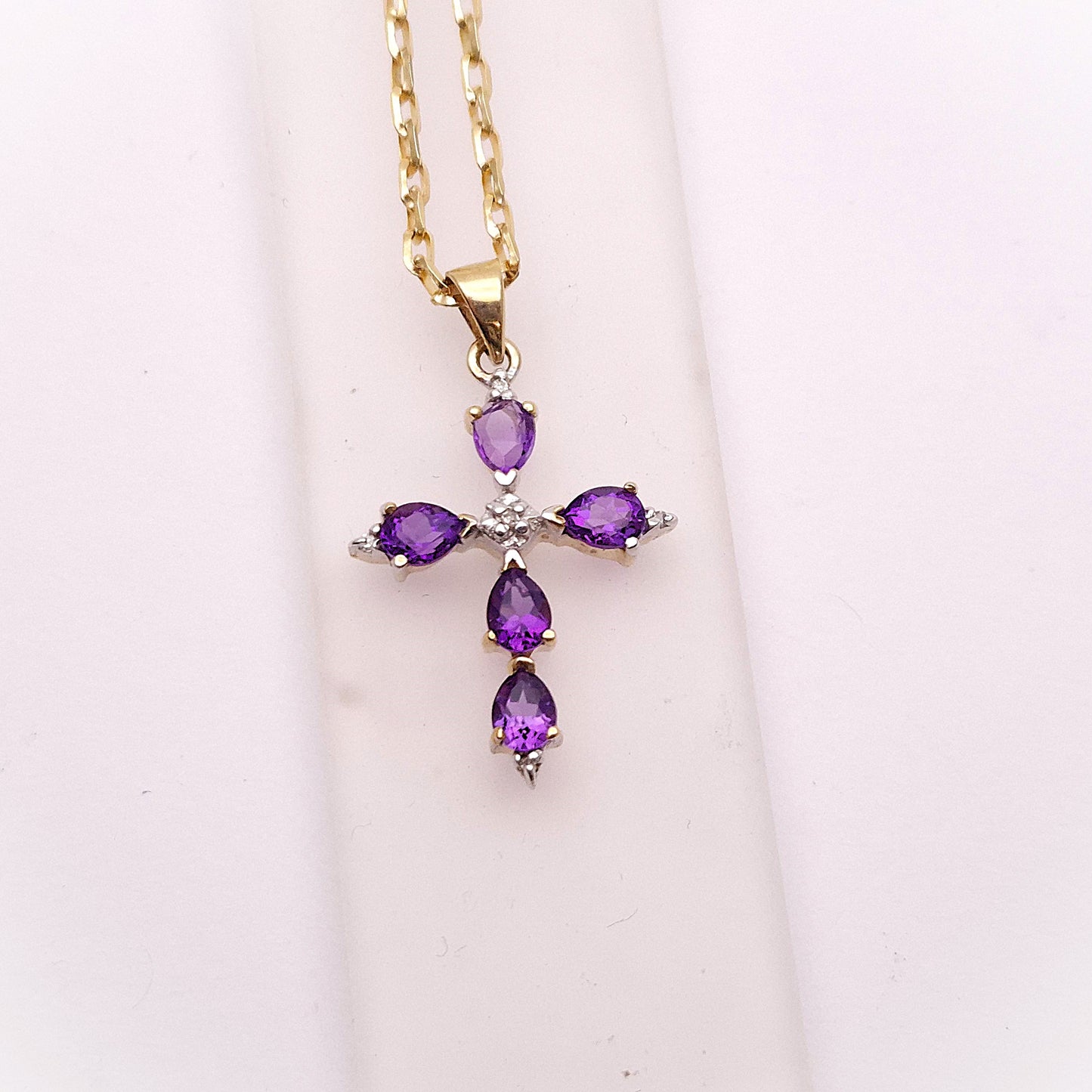 9ct Yellow Gold Amethyst and Diamond Cross Necklace