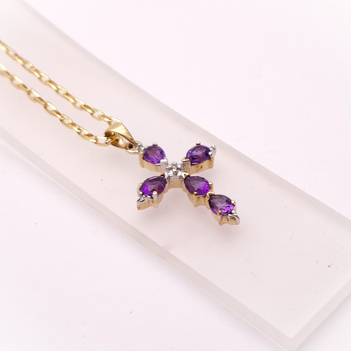 9ct Yellow Gold Amethyst and Diamond Cross Necklace