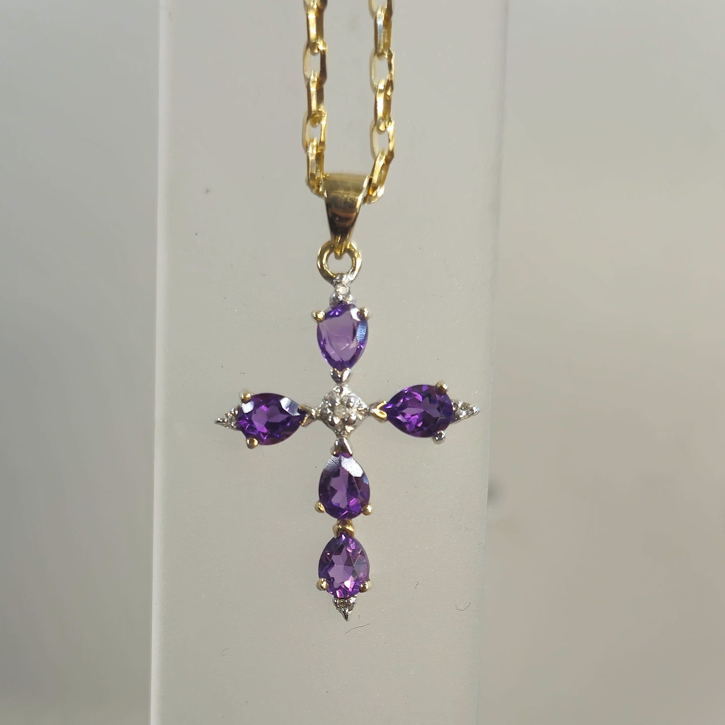 9ct Yellow Gold Amethyst and Diamond Cross Necklace