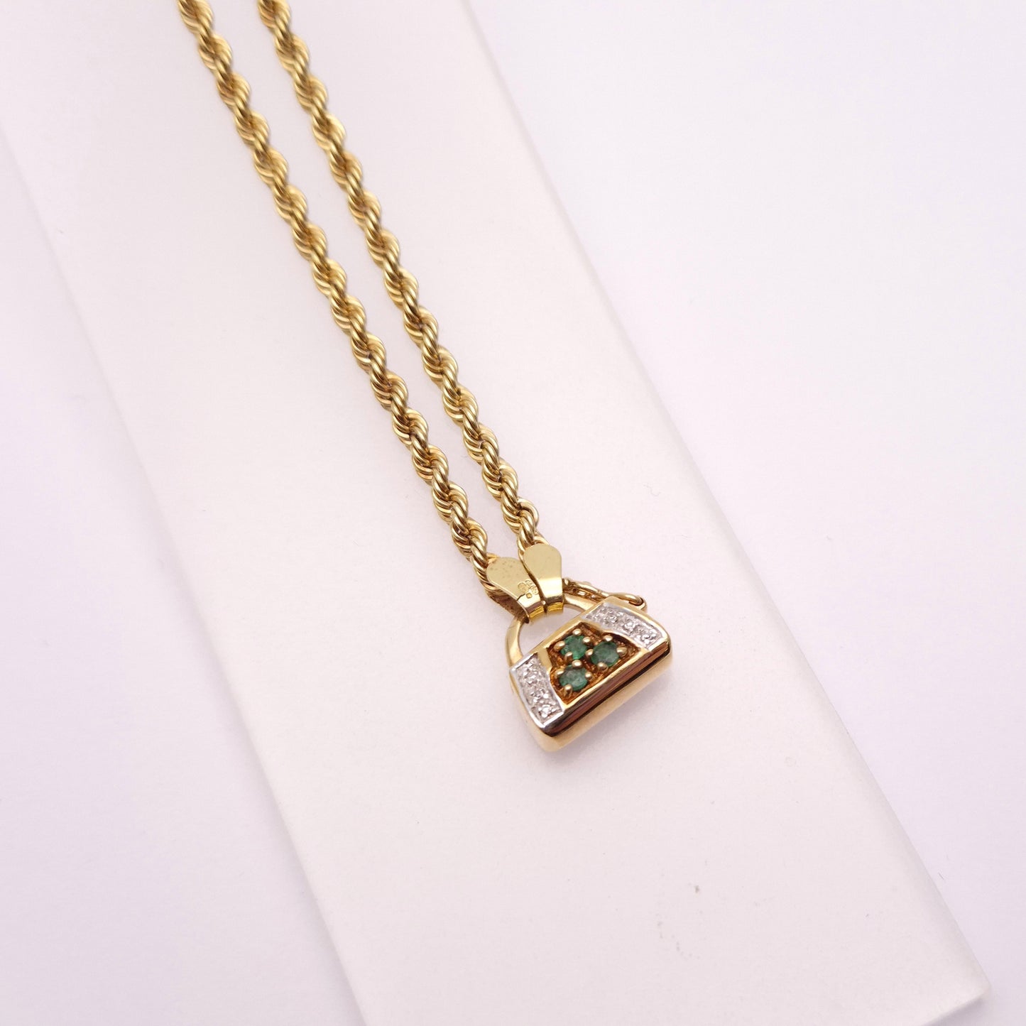 9ct Yellow Gold Emerald and Diamond Handbag Clasp necklace
