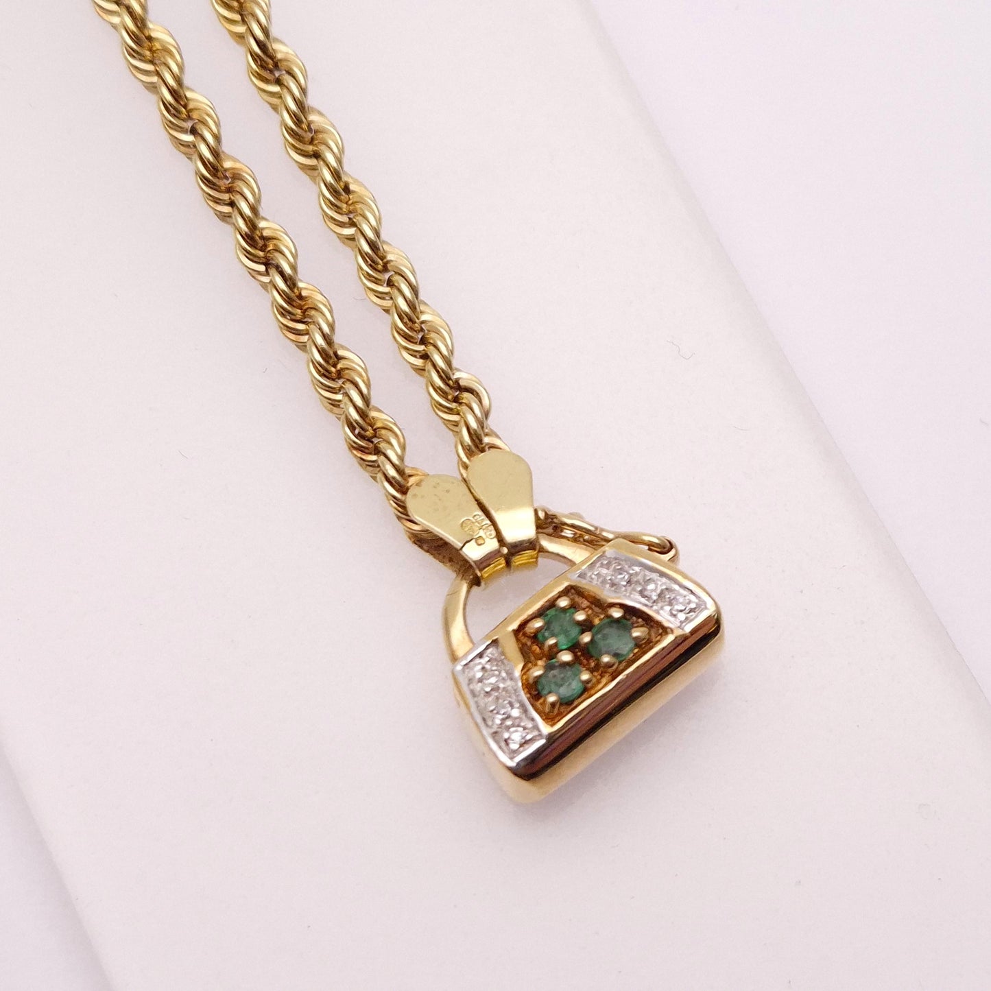 9ct Yellow Gold Emerald and Diamond Handbag Clasp necklace