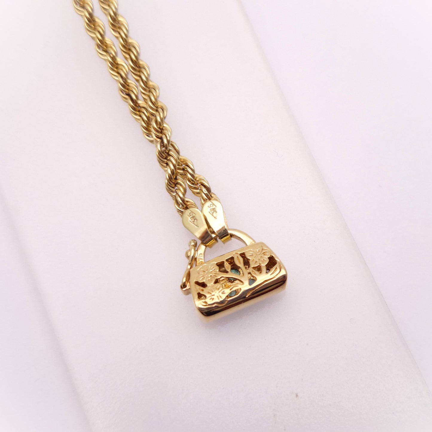 9ct Yellow Gold Emerald and Diamond Handbag Clasp necklace