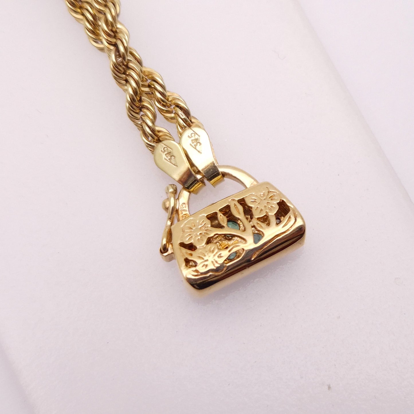 9ct Yellow Gold Emerald and Diamond Handbag Clasp necklace