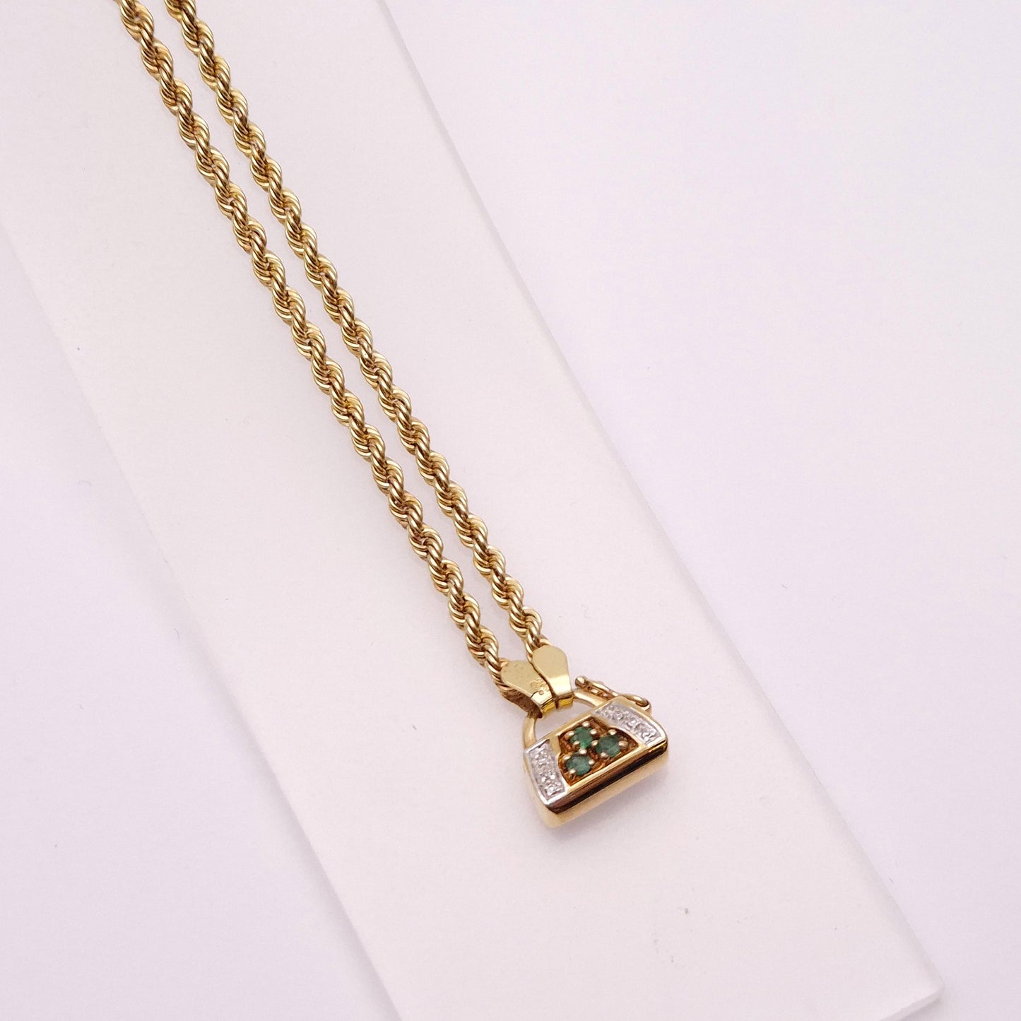 9ct Yellow Gold Emerald and Diamond Handbag Clasp necklace