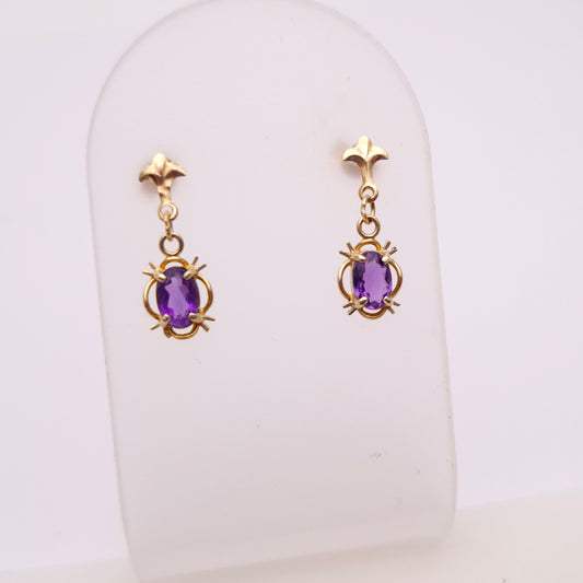 9ct yellow Gold Traditional Style Amethyst Drop Earrings