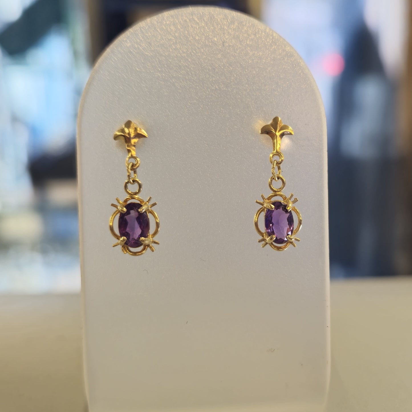9ct yellow Gold Traditional Style Amethyst Drop Earrings