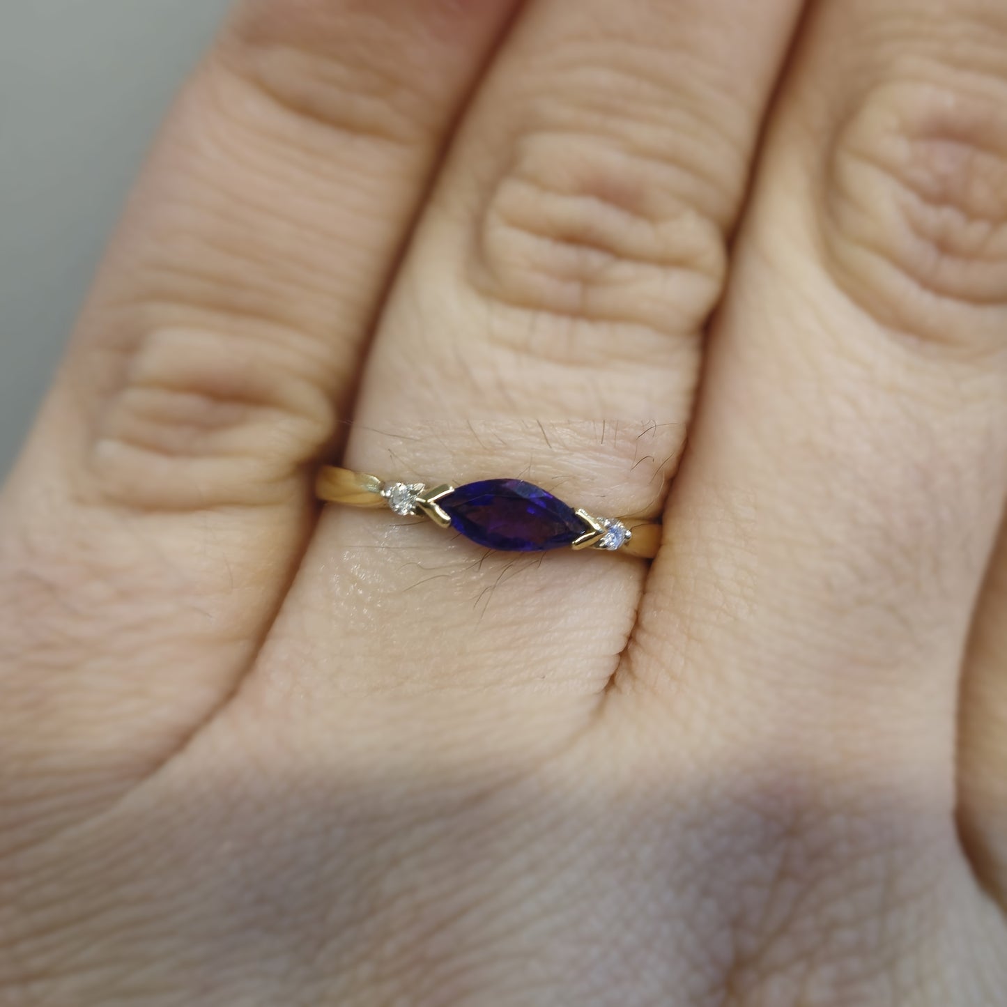 9ct Yellow Gold Amethyst and Diamond Trilogy Three Stone Ring