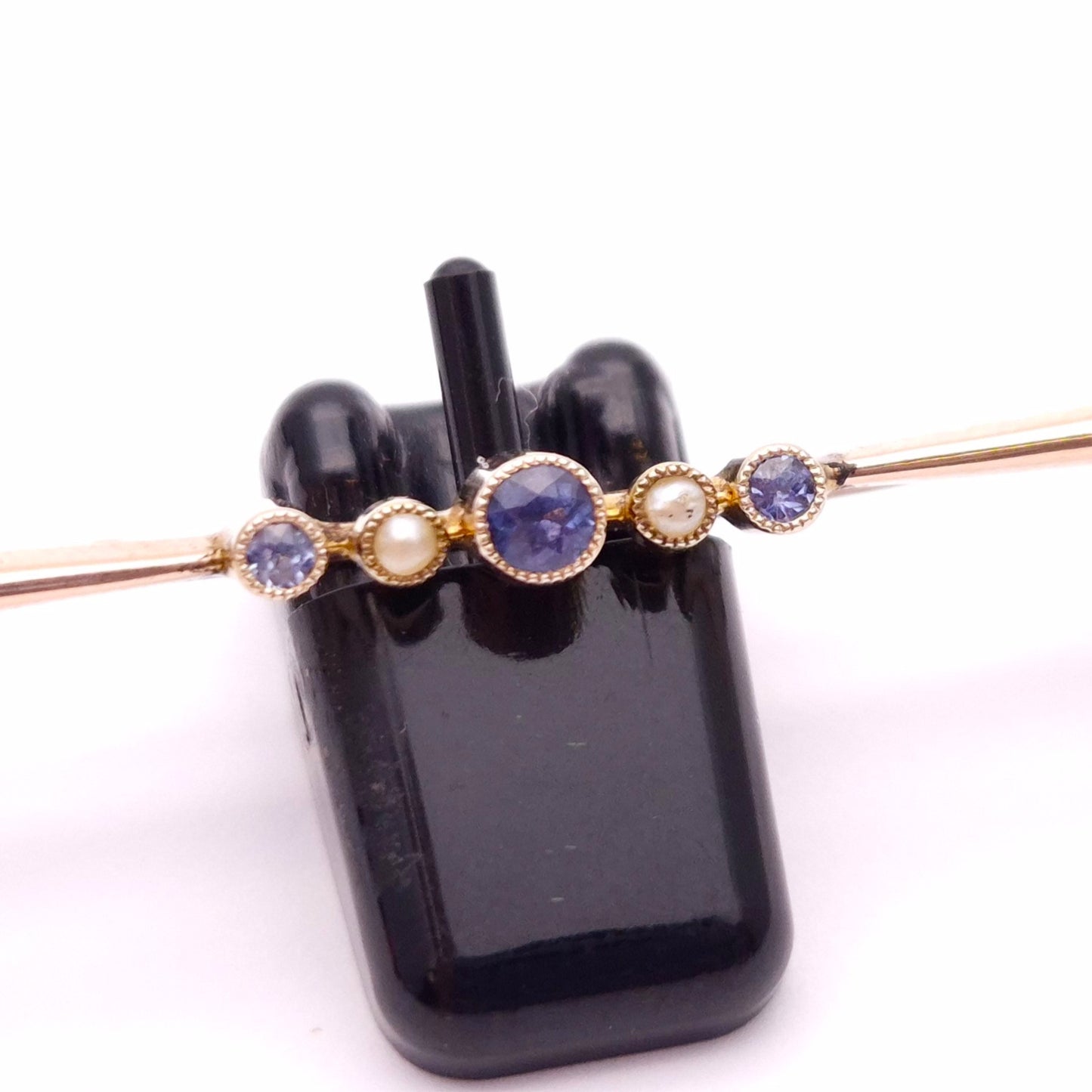 9ct Yellow Gold Sapphire and Pearl Bar Brooch
