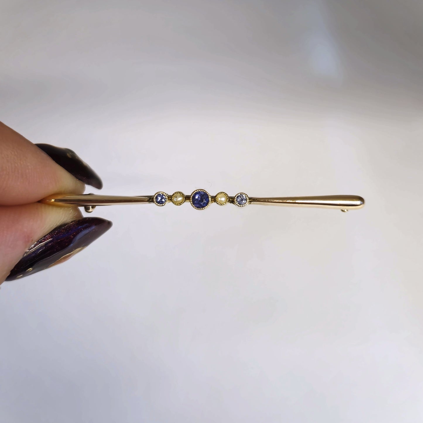 9ct Yellow Gold Sapphire and Pearl Bar Brooch