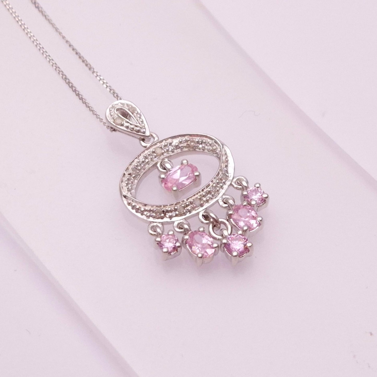 9ct White Gold pink Sapphire and Diamond Chandelier Pendant necklace