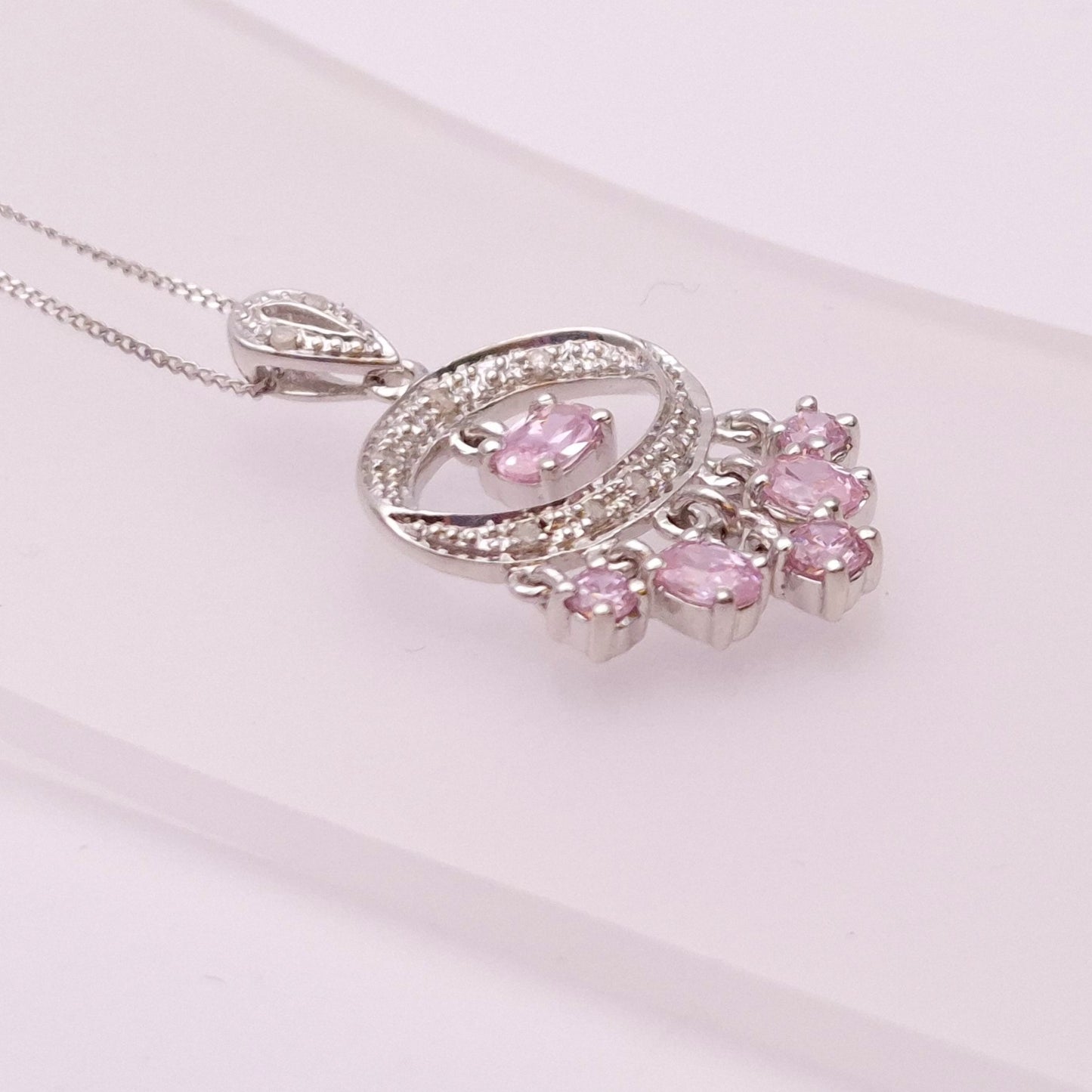 9ct White Gold pink Sapphire and Diamond Chandelier Pendant necklace