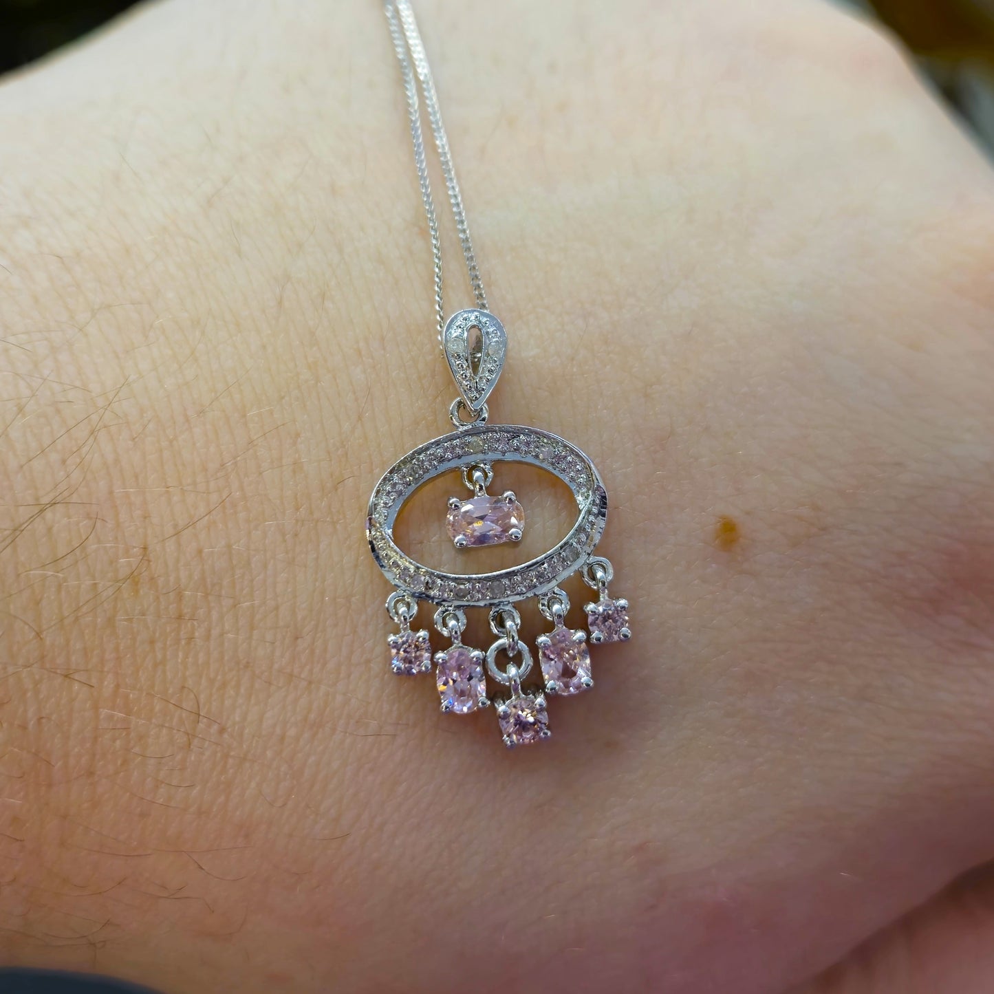 9ct White Gold pink Sapphire and Diamond Chandelier Pendant necklace