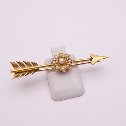 14ct Yellow Gold Pearl Floral Arrow Brooch