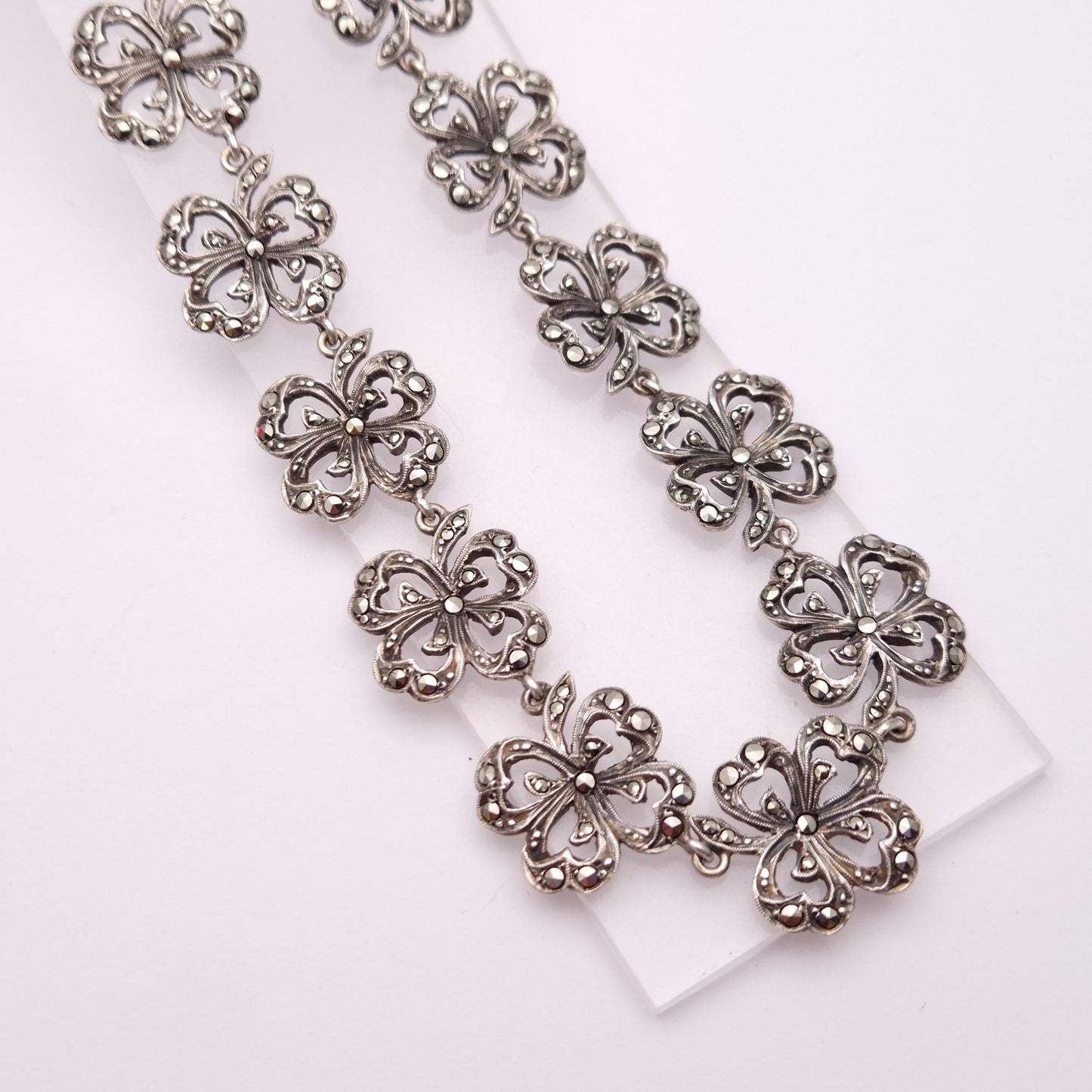 Sterling Silver Marcasite Flower Link Necklace