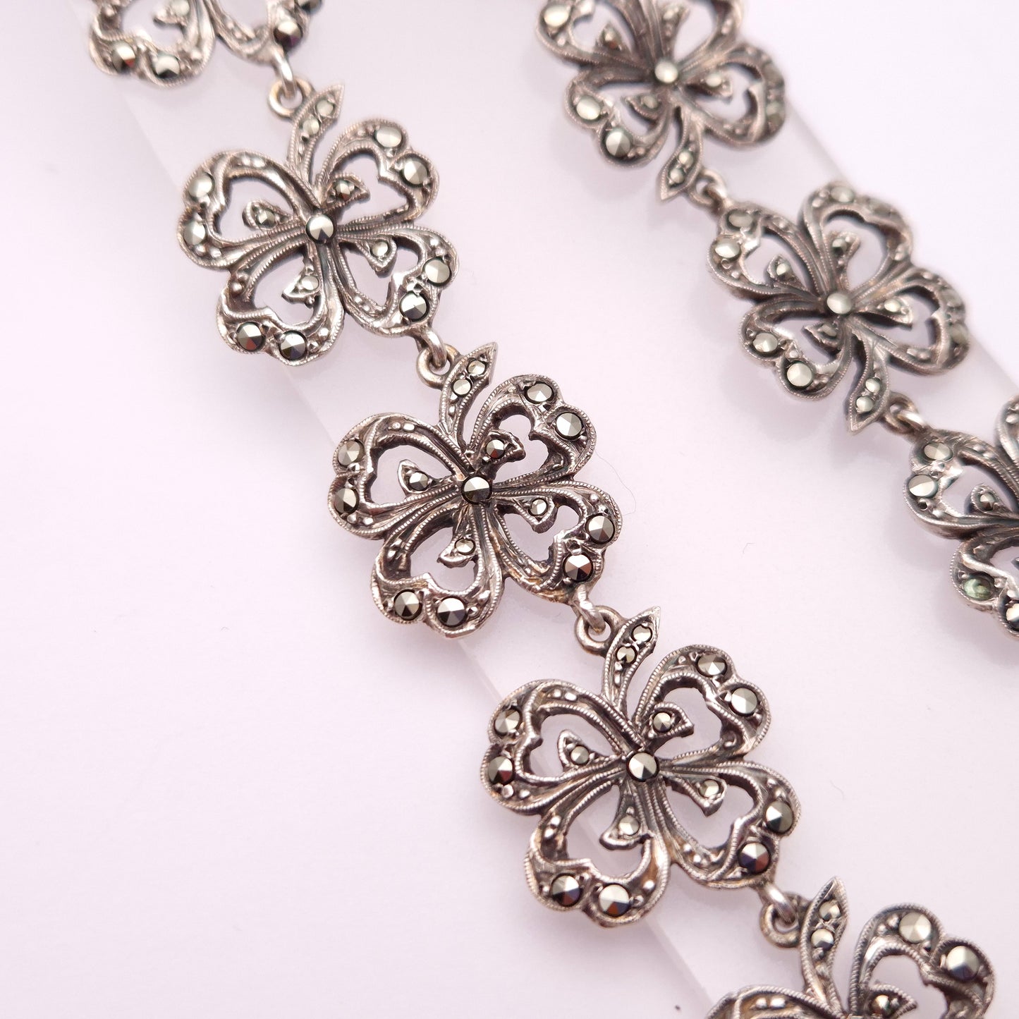 Sterling Silver Marcasite Flower Link Necklace