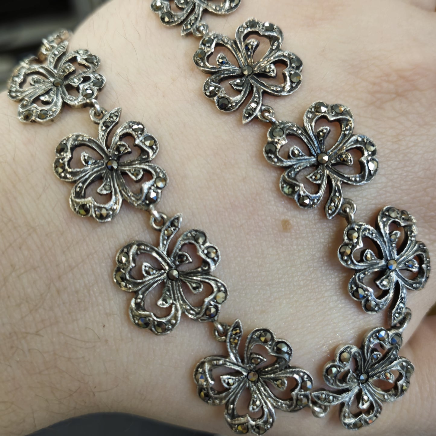 Sterling Silver Marcasite Flower Link Necklace