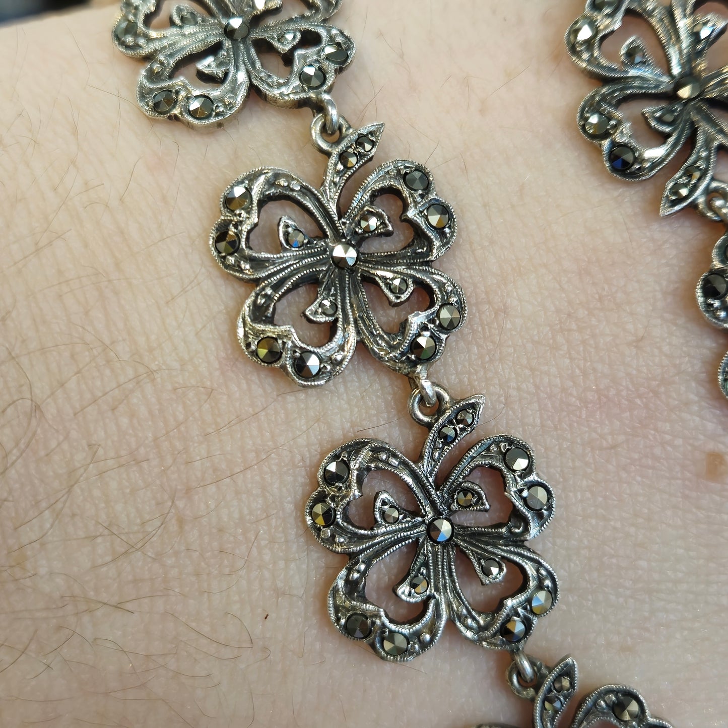 Sterling Silver Marcasite Flower Link Necklace