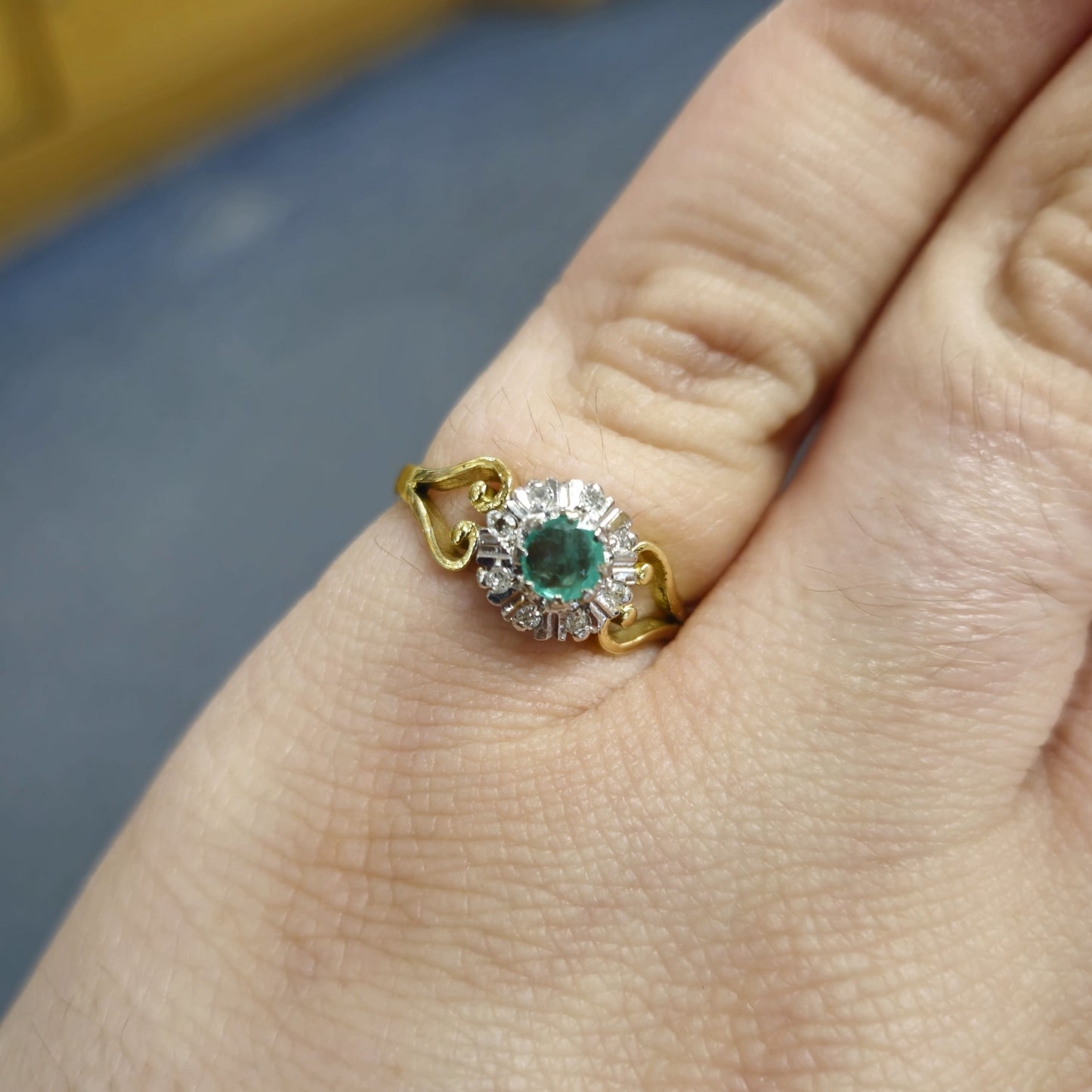 18ct Yellow Gold Emerald and Diamond Open Shoulder Ring