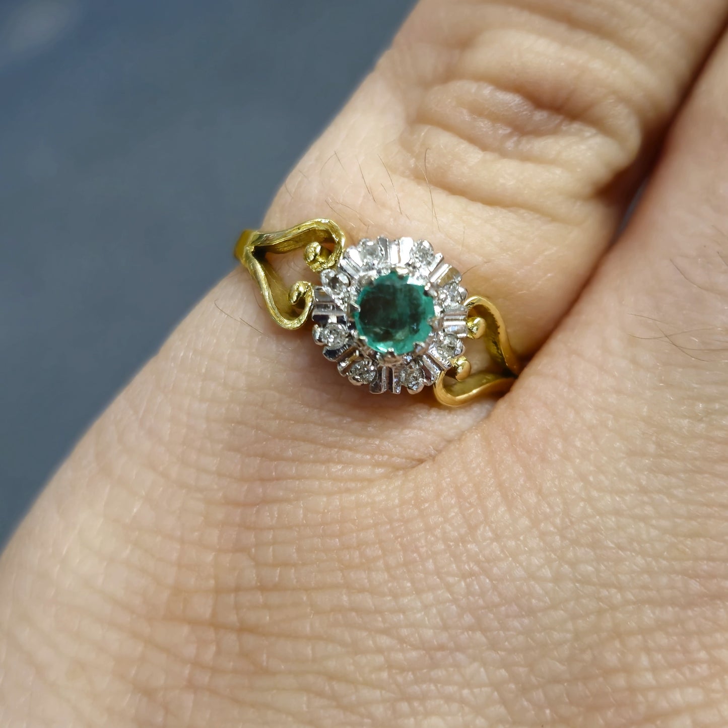 18ct Yellow Gold Emerald and Diamond Open Shoulder Ring
