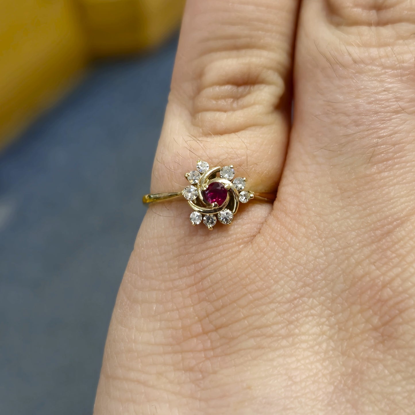 9ct Yellow Gold Ruby and Diamond Swirl Cluster Ring