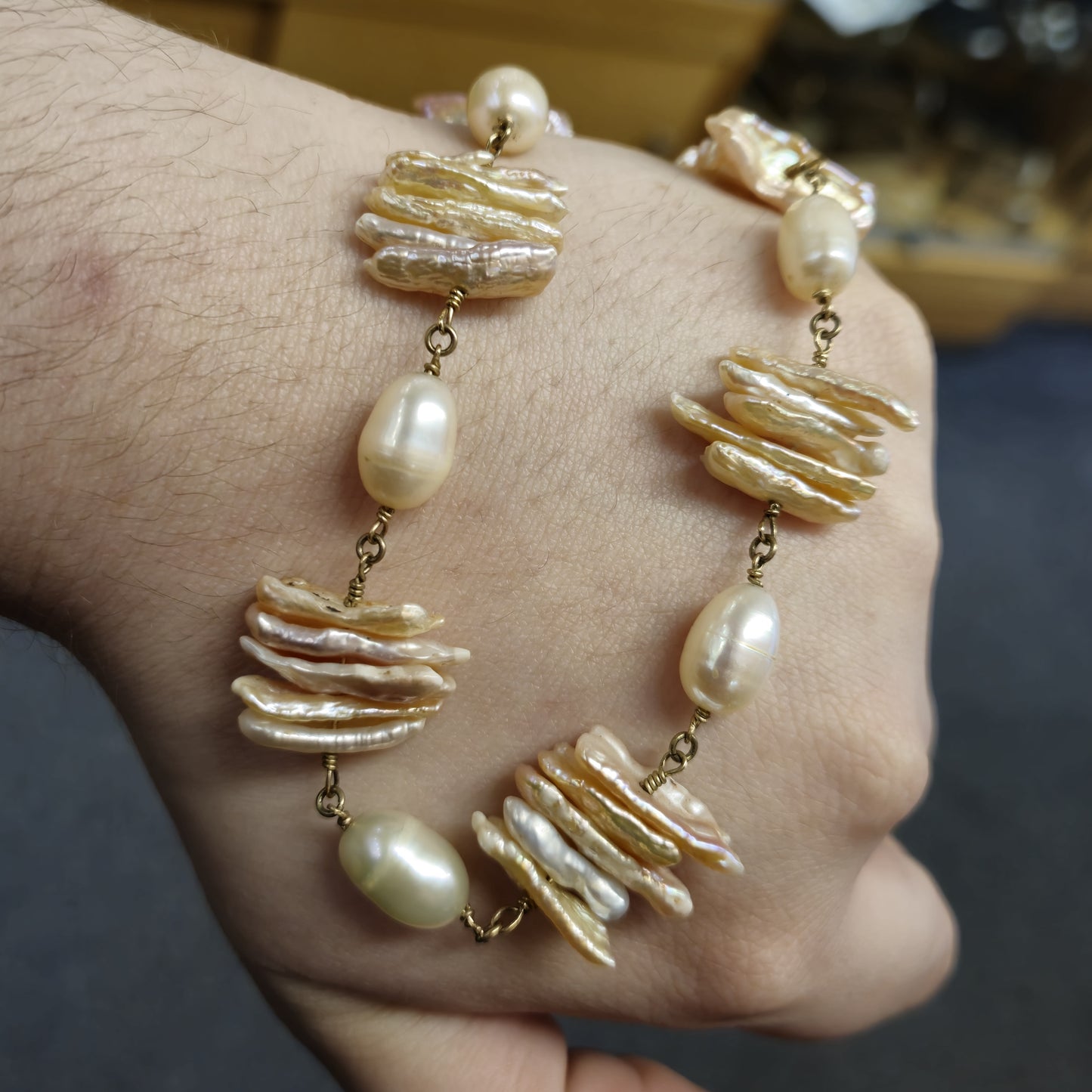 9ct Yellow gold Unique Baroque Pearl Necklace